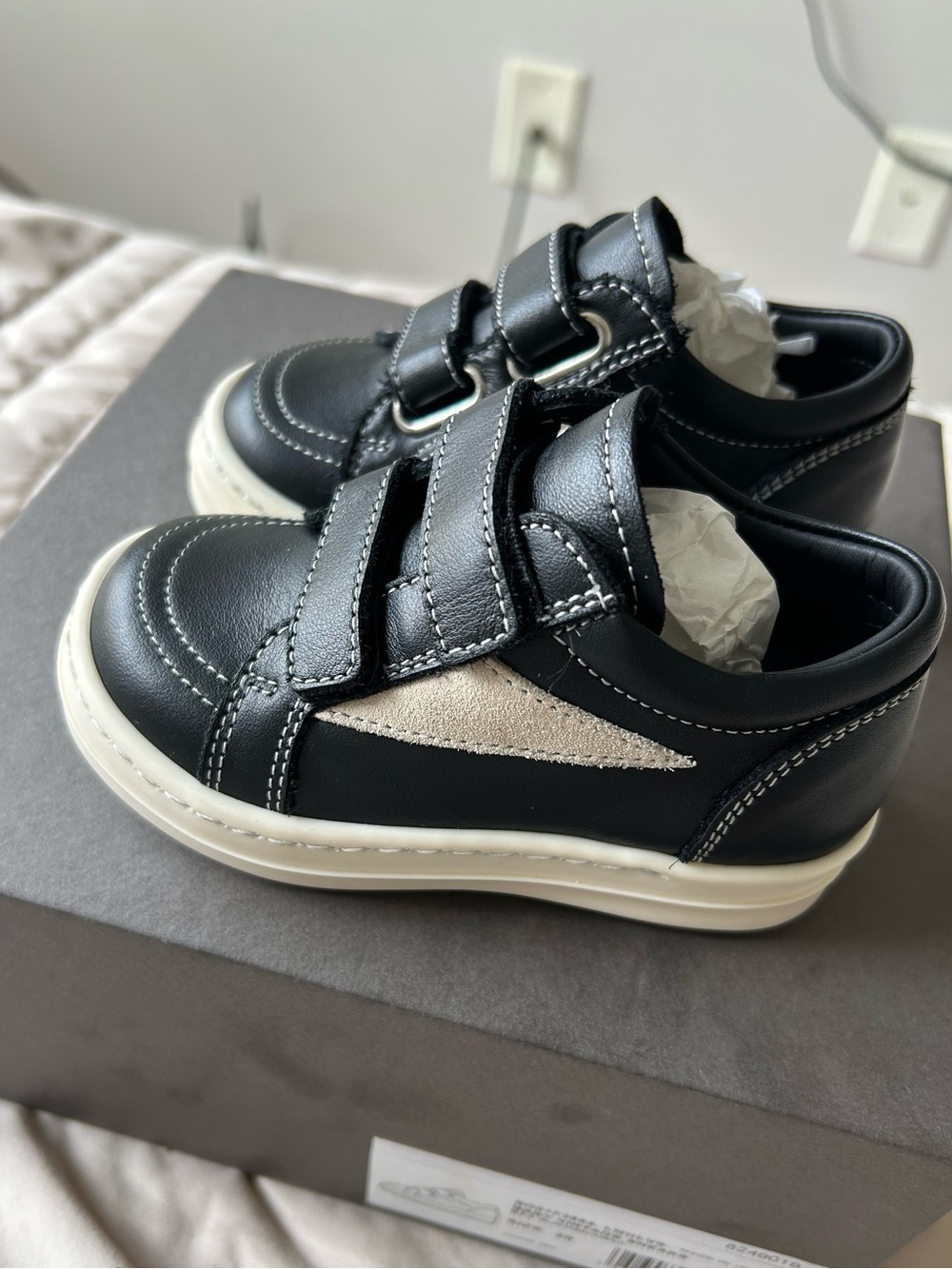 Rick Owens Black Leather Kids Sneakers with Cream Suede Accent